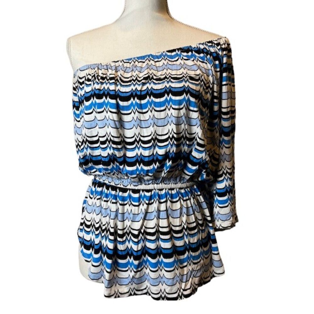 Hourglass Lilly Women's‎ One Sleeve Top Blue White Black Zig Zag Jersey Knit Med
